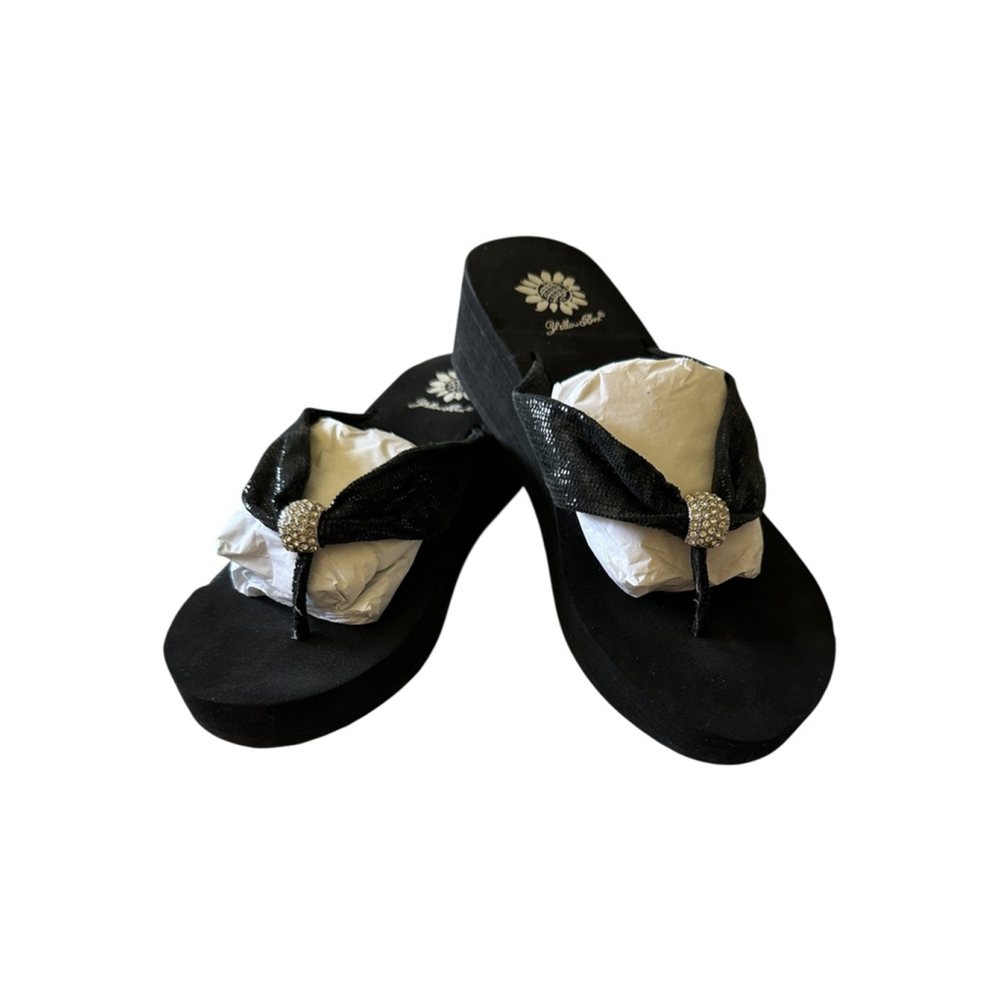 Women's Yellow Box Black Wedge Flip Flop Sandals Size 8 with Rhinestones - Picture 9 of 10